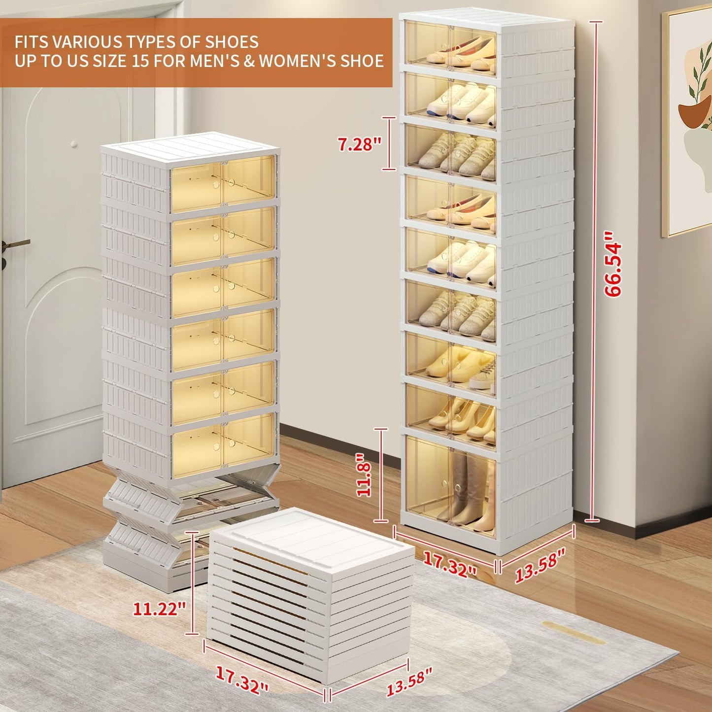 9 Tier Foldable Shoe Rack Organizer for Closet 18-36Pairs Plastic Collapsible Shoe Racks Shelf Stackable Clear Folding Shoes Storage boxes for Small Spaces Narrow Shoe Storage Cabinet
