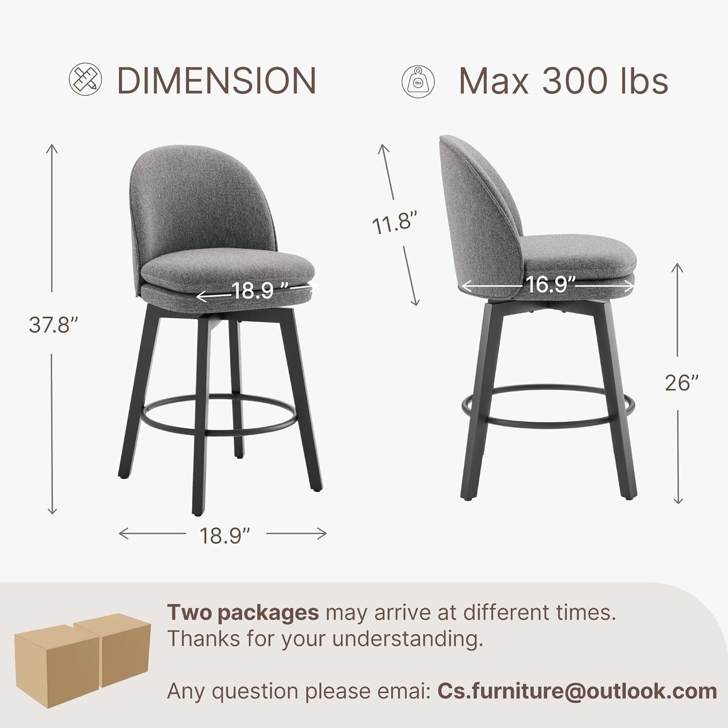 Counter Height Barstools 26 inch Upholstered Swivel Bar Stools with Back and Wood Legs for Kitchen Island,Set of 4,Dark Grey Fabric-Armless