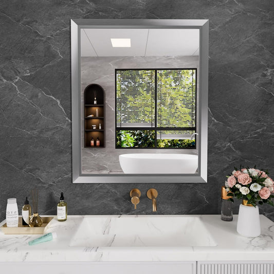 Amorho 30x36 Inch Bathroom Mirror Silver, Thick Metal Framed Wall Mirrors for Over Sink, Brushed Nickel Mirror Perfect for Bedroom, Living Room, Entryway, Rectangle (Horizontal/Vertical).