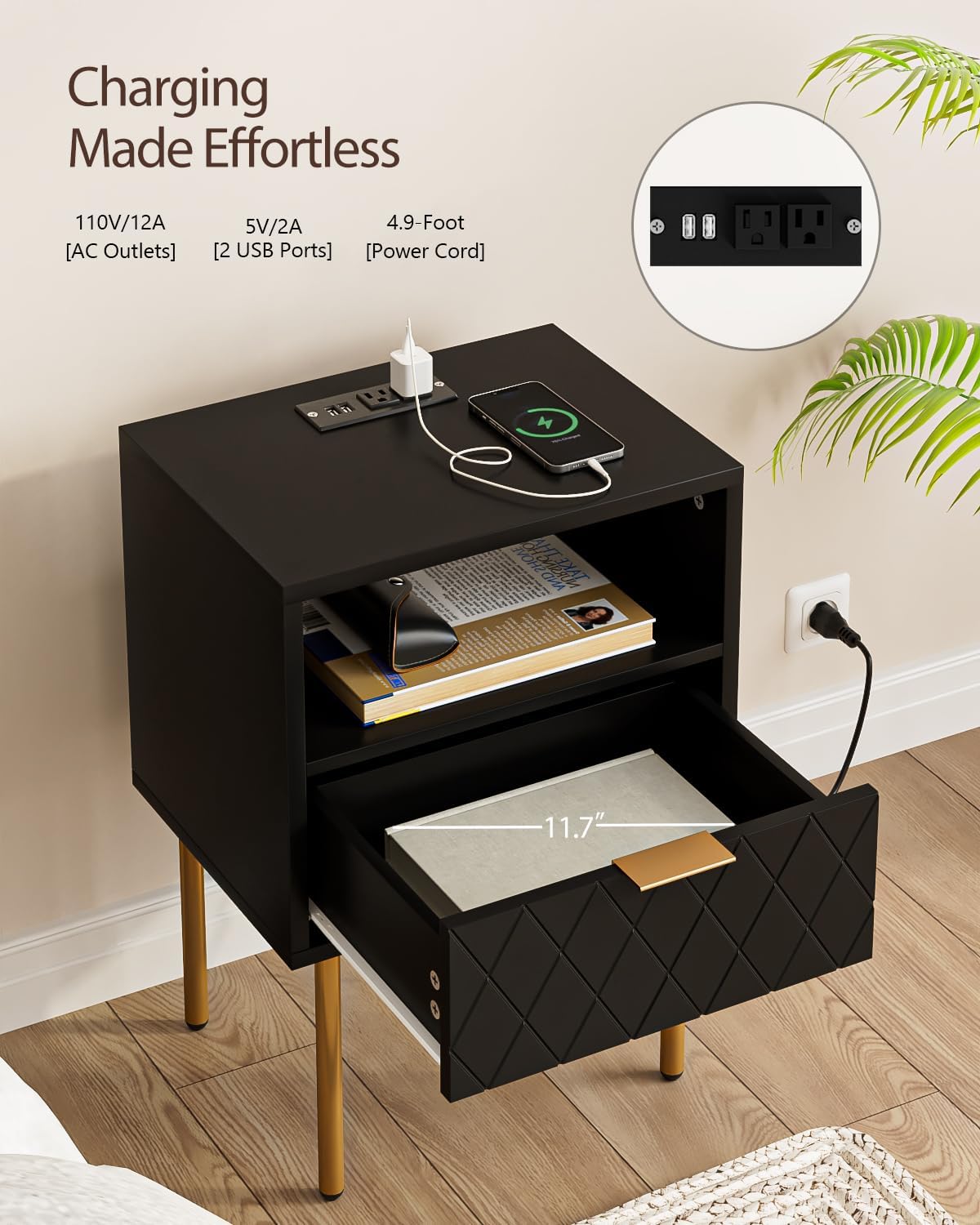 Nightstand,Small Bedside Table with Gold Frame,Morden Night Stand with 2 Drawer,End Table,Side Table with Drawer and Shelf for Bedroom,Living Room (Black-Diamond-Outlet)