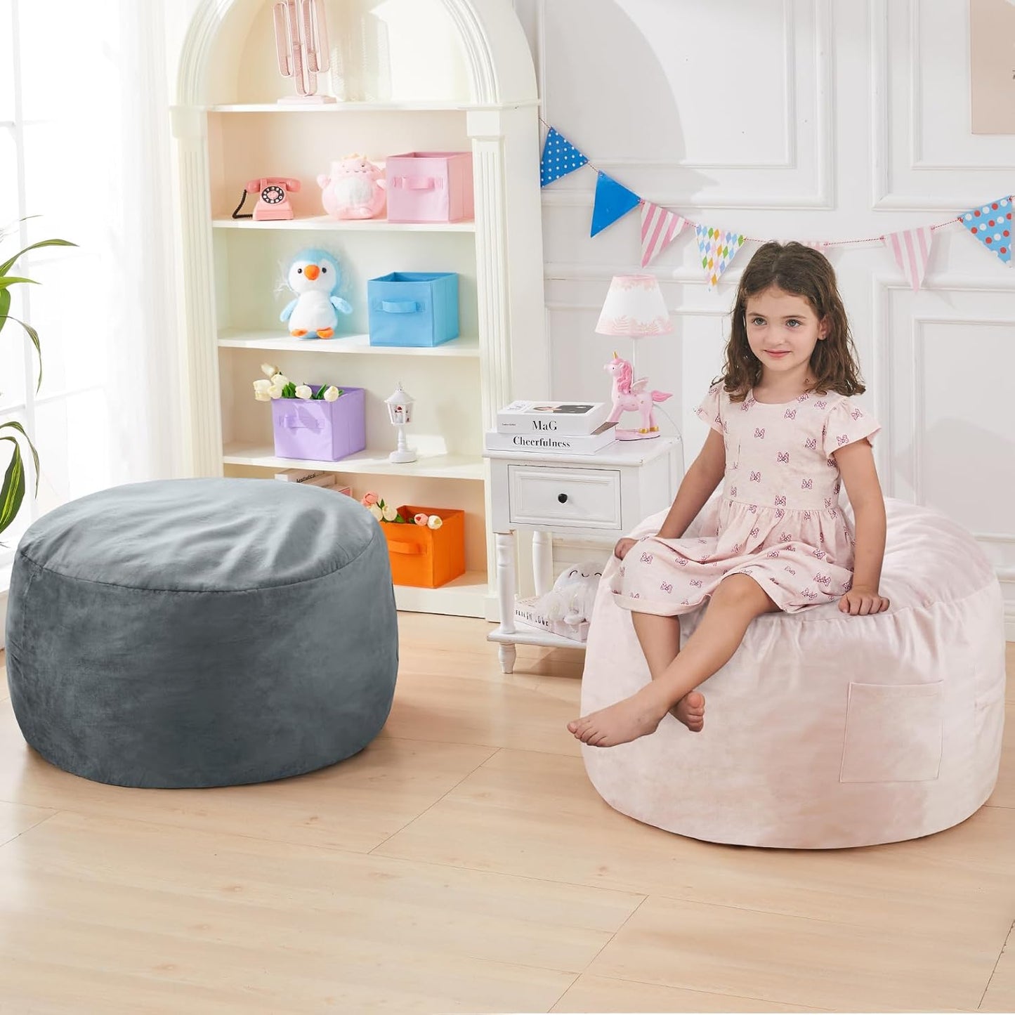 Kids Bean Bag Chair Bed - Convertible Lazy Chair to Floor Mattress with Filler - Small Beanbag Chair for Boys and Girls - Floor Couch Sofa in Bedroom, Classroom, Reading Nook - Pink