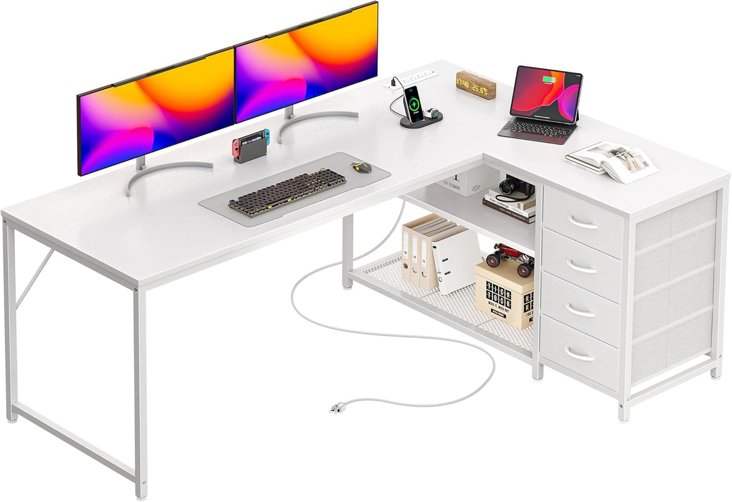 PRAISUN 61" L Shaped Desk with Power Outlets and USB-C Port, Reversible Computer Corner Office Desk with 4 Fabric Drawers and 2 Height-Adjustable Shelves, Large for Gaming Writing Work Study, White