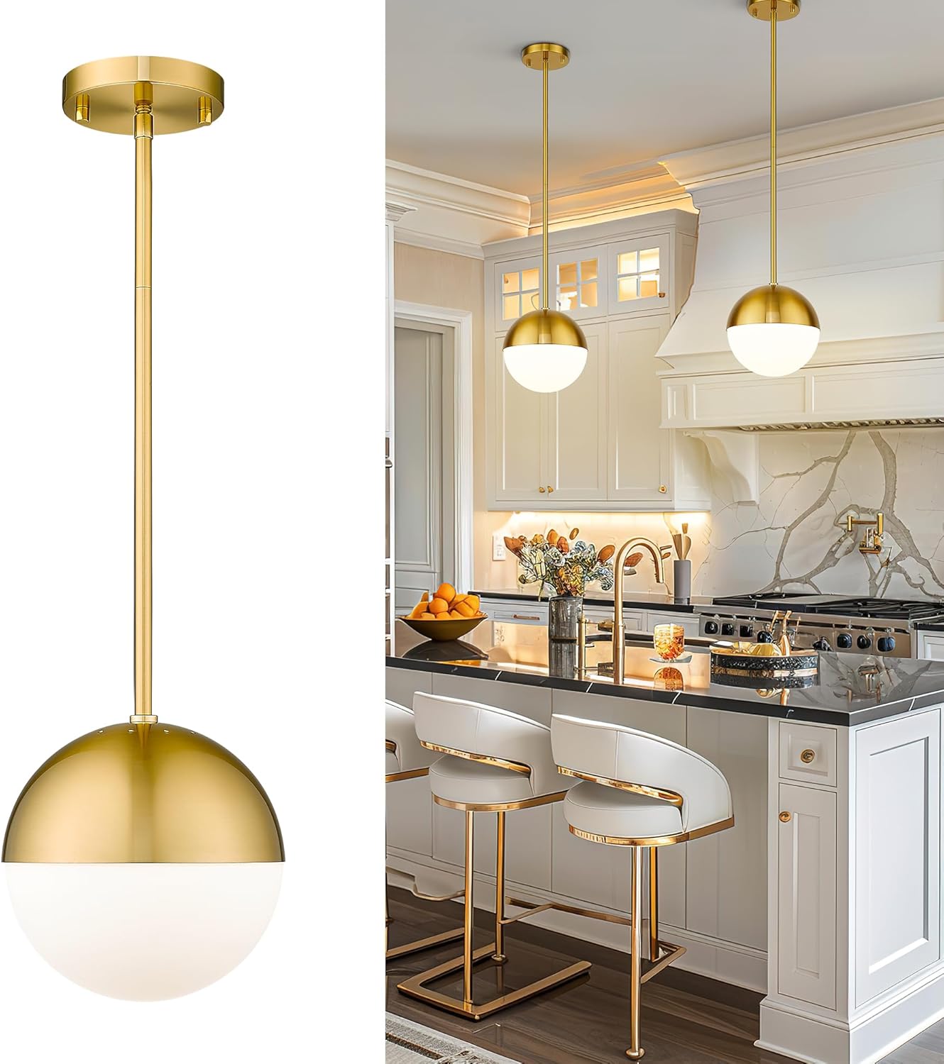 LMS Modern Pendant Lighting Gold Globe Pendant Light Fixture, Mid Century Chandelier One Light Hanging Fixture for Kitchen Island, Adjustable Indoor Lighting for Dinning Room Bedroom, LMS-187