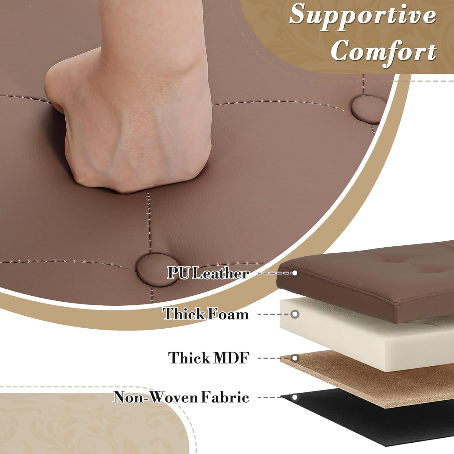 Athena Collection 15 Inch Small Ottoman with Storage, Round PU Leather Storage Ottoman Foot Rest with Removable Lid, Multipurpose Footstool Footrest for Living Room, Bedroom, Dorm, Brown