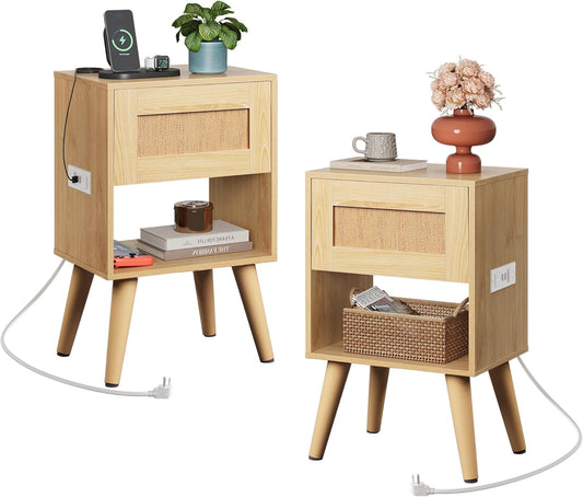 WLIVE Rattan Nightstands Set of 2 with Charging Station, Boho Nightstand, Wood Side Table, Small End Table with Drawers for Bedroom, Natural Oak