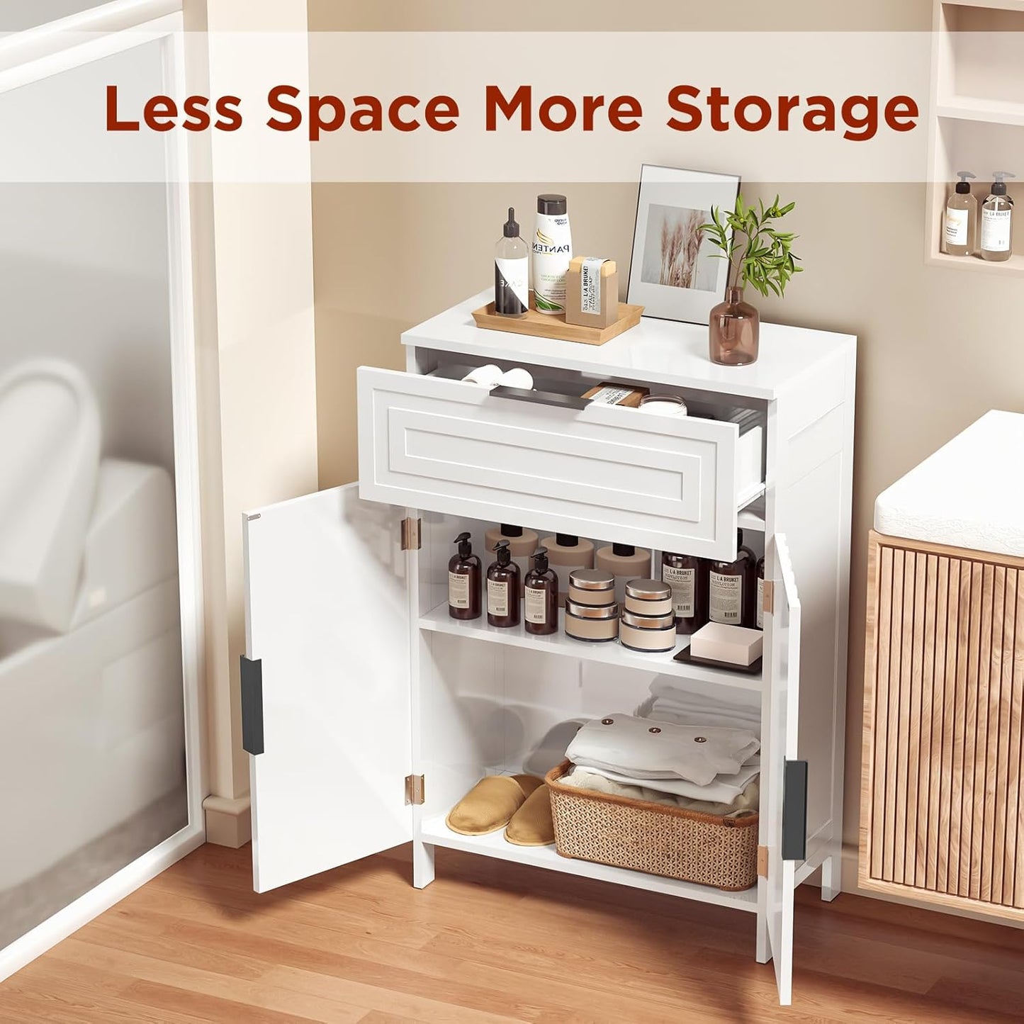 Storage Cabinet Bathroom Floor Cabinets with Drawer Freestanding Kitchen Cabinet Fluted Coffee Bar Cabinet for Living Room, Entryway, Garage Accent Storage Organization - 23.6x11.8x35.4- White