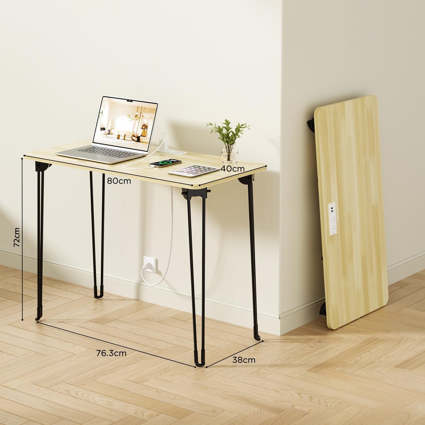 Mini Desk No Assembly Required, 31.5" Small Desk for Bedroom with Power Outlet & Hairpin Legs, 31.5" Foldable Desks for Small Spaces & Home Office, Beige Floor Patten