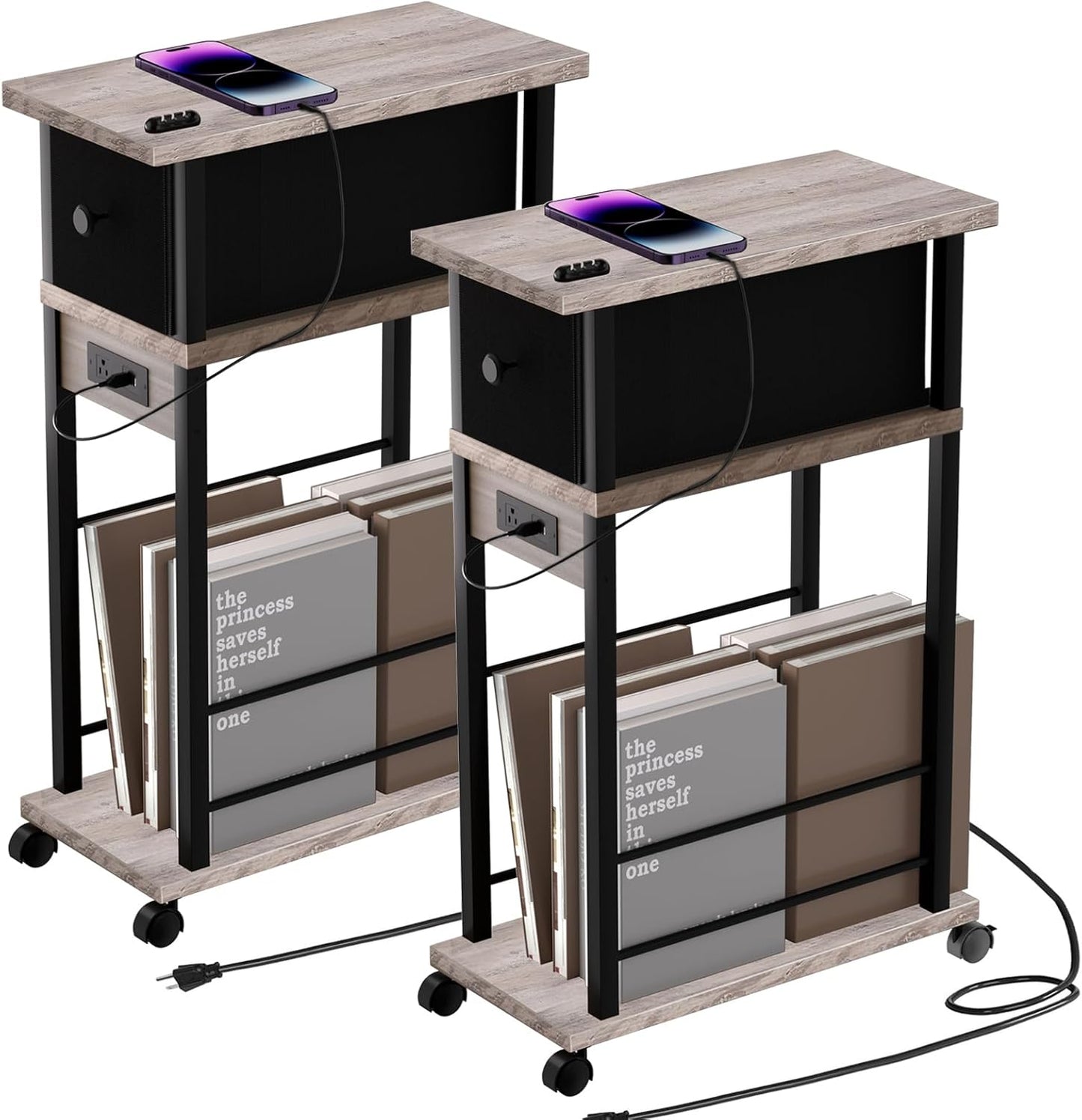 Side Table Set of 2,Side Table with Charging Station and Drawer, Narrow End Table with USB Ports and Outlets for Small Space, Living Room, Bedroom and Office, with 4 Wheels