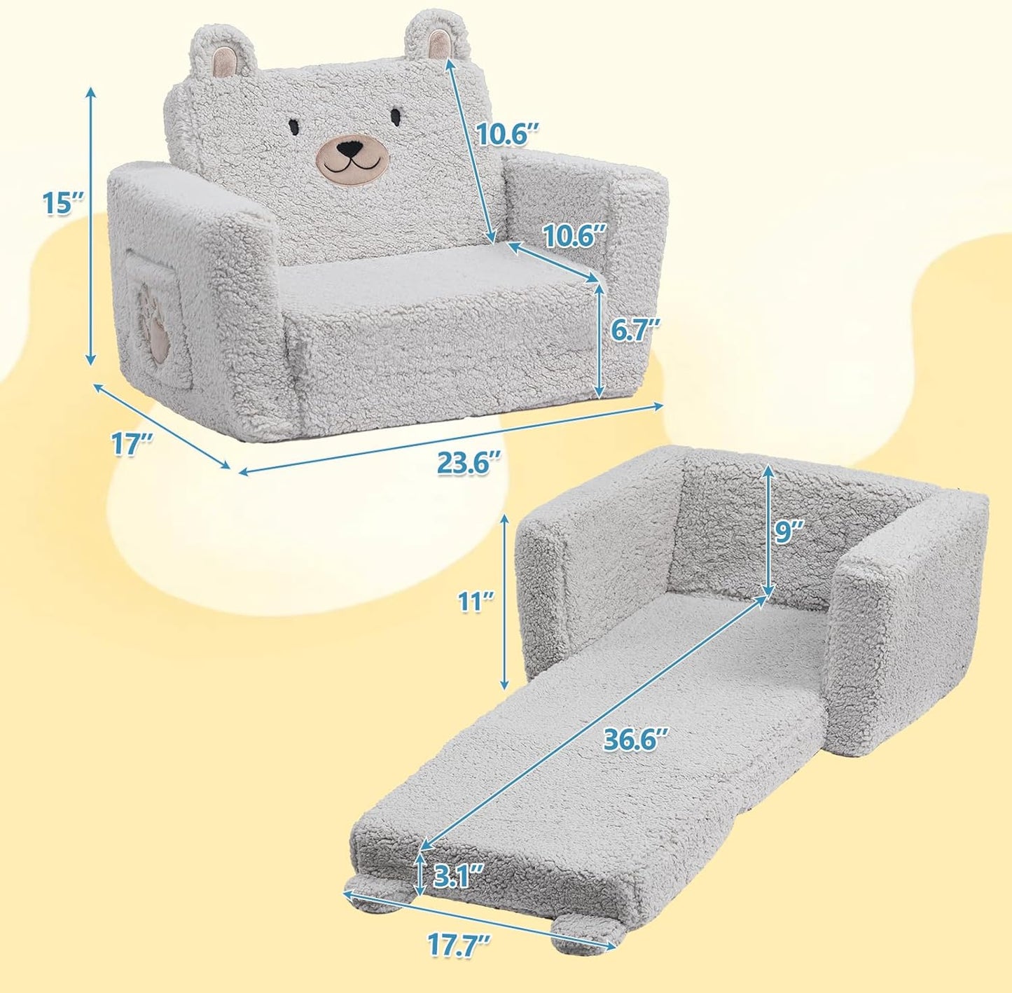 ALIMORDEN Fold Out Toddler Couch, Comfy 2-in-1 Cuddly Sherpa Bear Chair for Kids, Convertible Sofa to Lounger, Kids Cozy Corner Play Couch for Boys and Girls, Gary