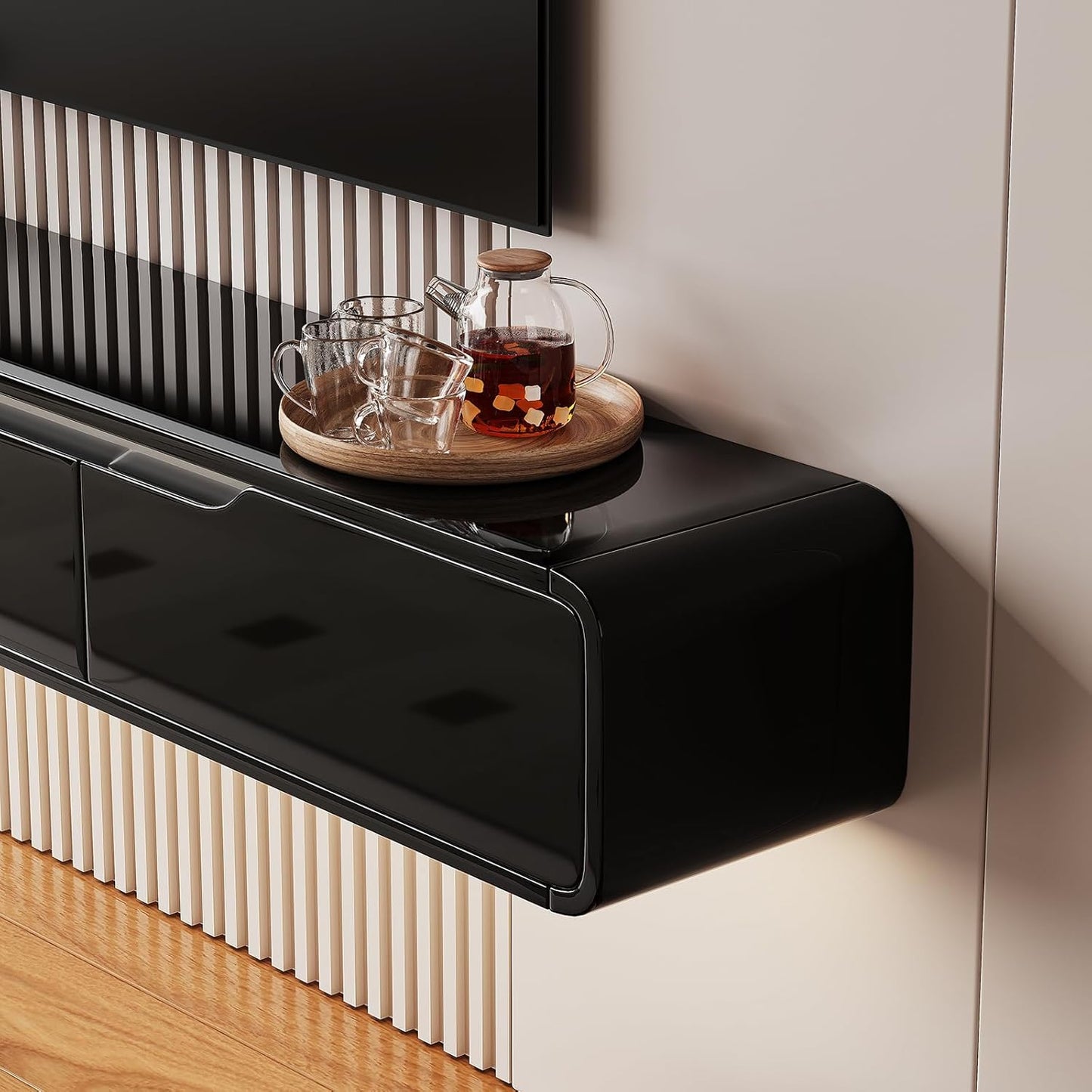 High Gloss Floating TV Stand with 3 Doors,86'' Wall Mounted TV Cabinet,Under TV Console,Floating Media Shelft for Bedroom Living Room(Black)