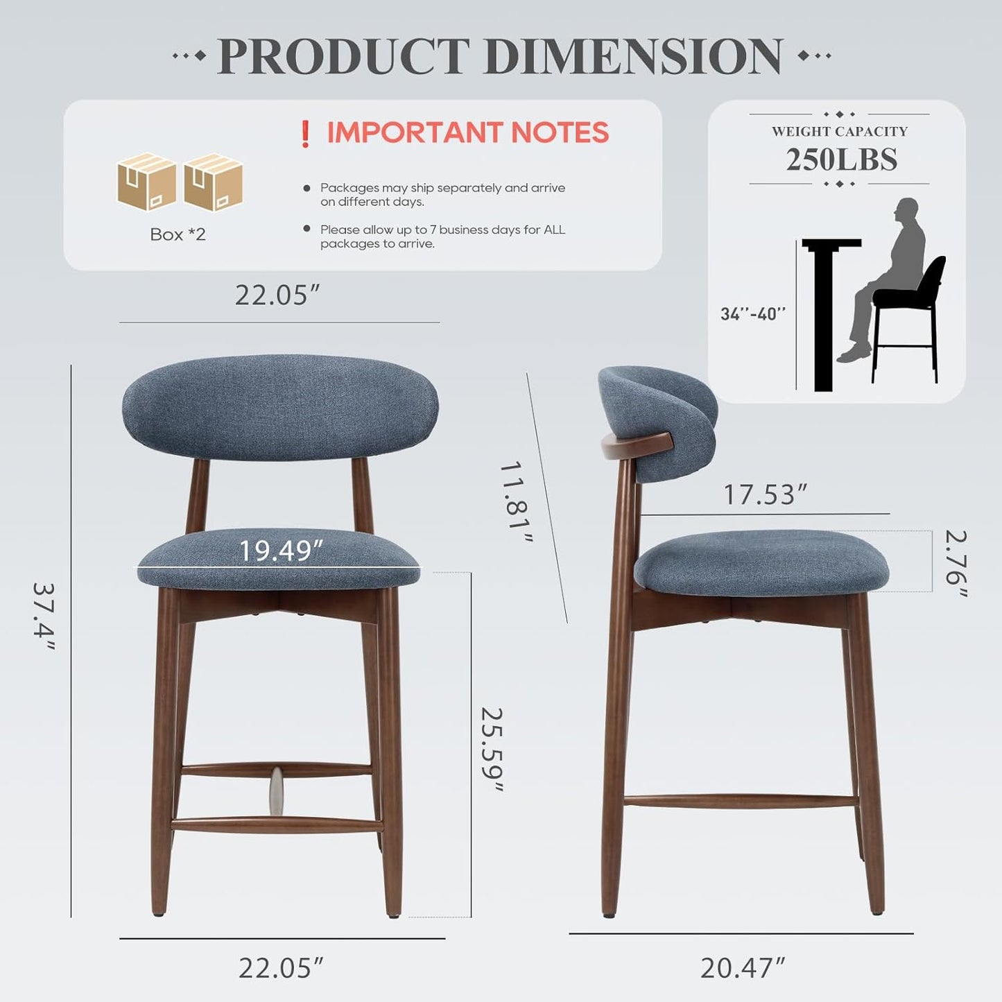 Upholstered Counter Height Bar Stools Set of 2, Modern Kitchen Island Barstools Chairs with Back and Wood Legs for Dining Room Bar, Blue