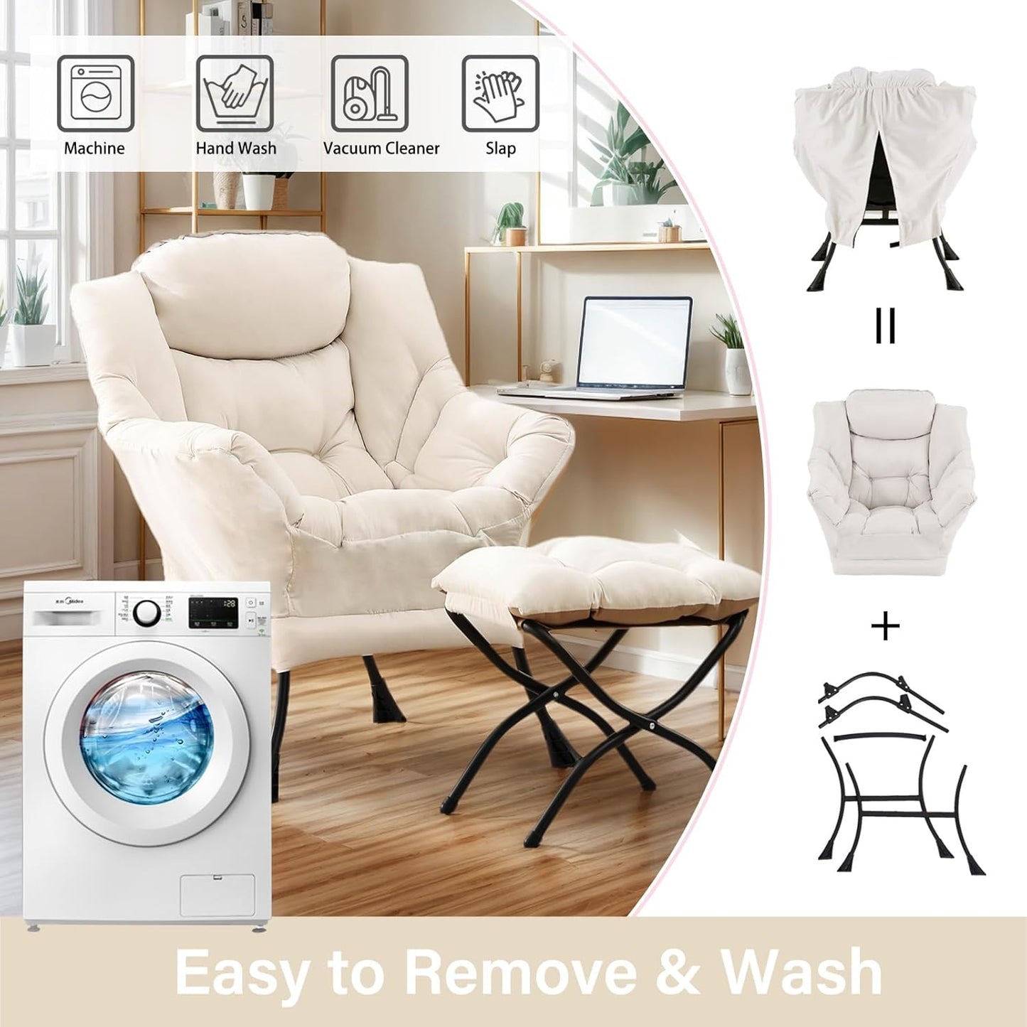 Lazy Chair with Ottoman, Large Modern Lounge Accent Chair with Armrests and Footrest, Reading Armchair with Ottoman, Leisure Sofa Chair for Living Room, Bedroom, Dorm Room, Office（Beige）