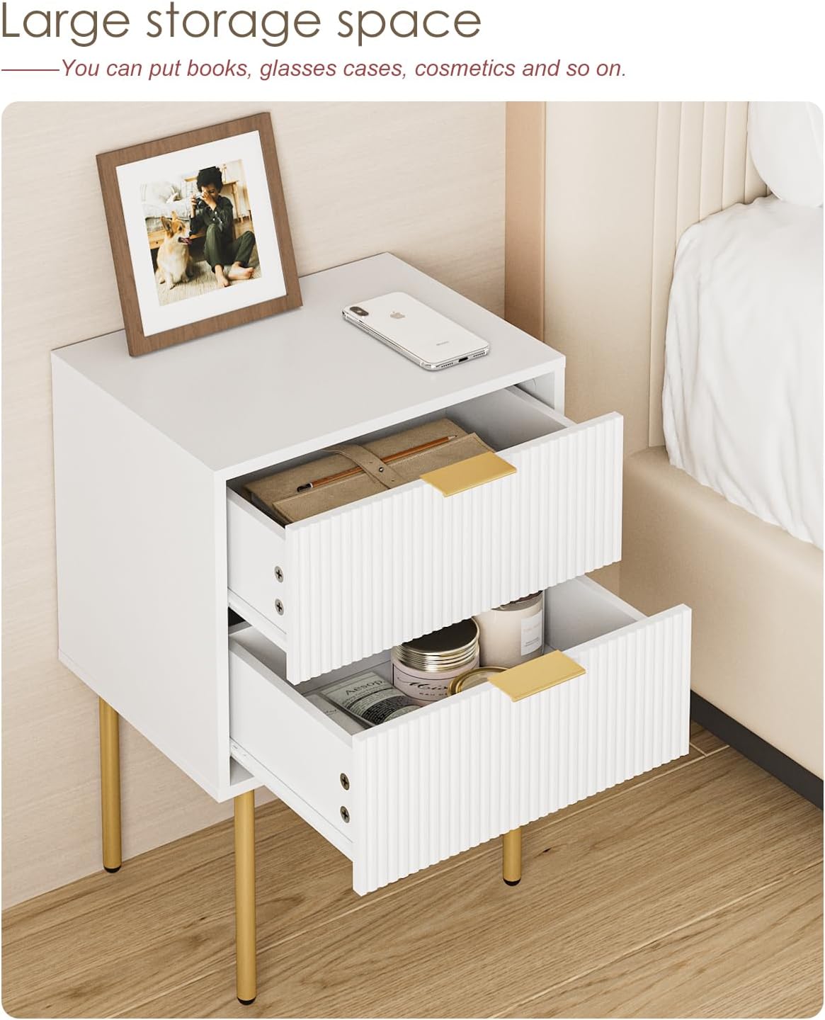 Nightstand,Morden Bedside Table with Gold Frame,Small White Night Stand,End Table,Bedside Furniture,Side Table with Drawer and Shelf for Bedroom,Living Room (2Drawers, White.)
