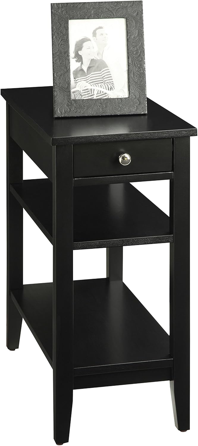 Convenience Concepts American Heritage Chairside End Table with Drawer 23.5" - Classic Living Room Table with Storage Shelf, Bedroom Nightstand, Black