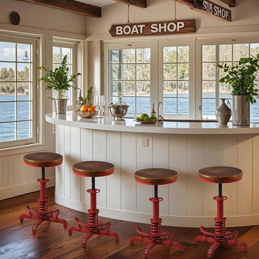 4-Piece American Antique Steampunk Bar Stool 24.41"-28.35" Vintage Industrial Adjustable Swivel Backless Counter Stool for Home, Dining, Breakfast, Pub, (Heavy Duty Metal & Wood, Aged Red, Brown Top)