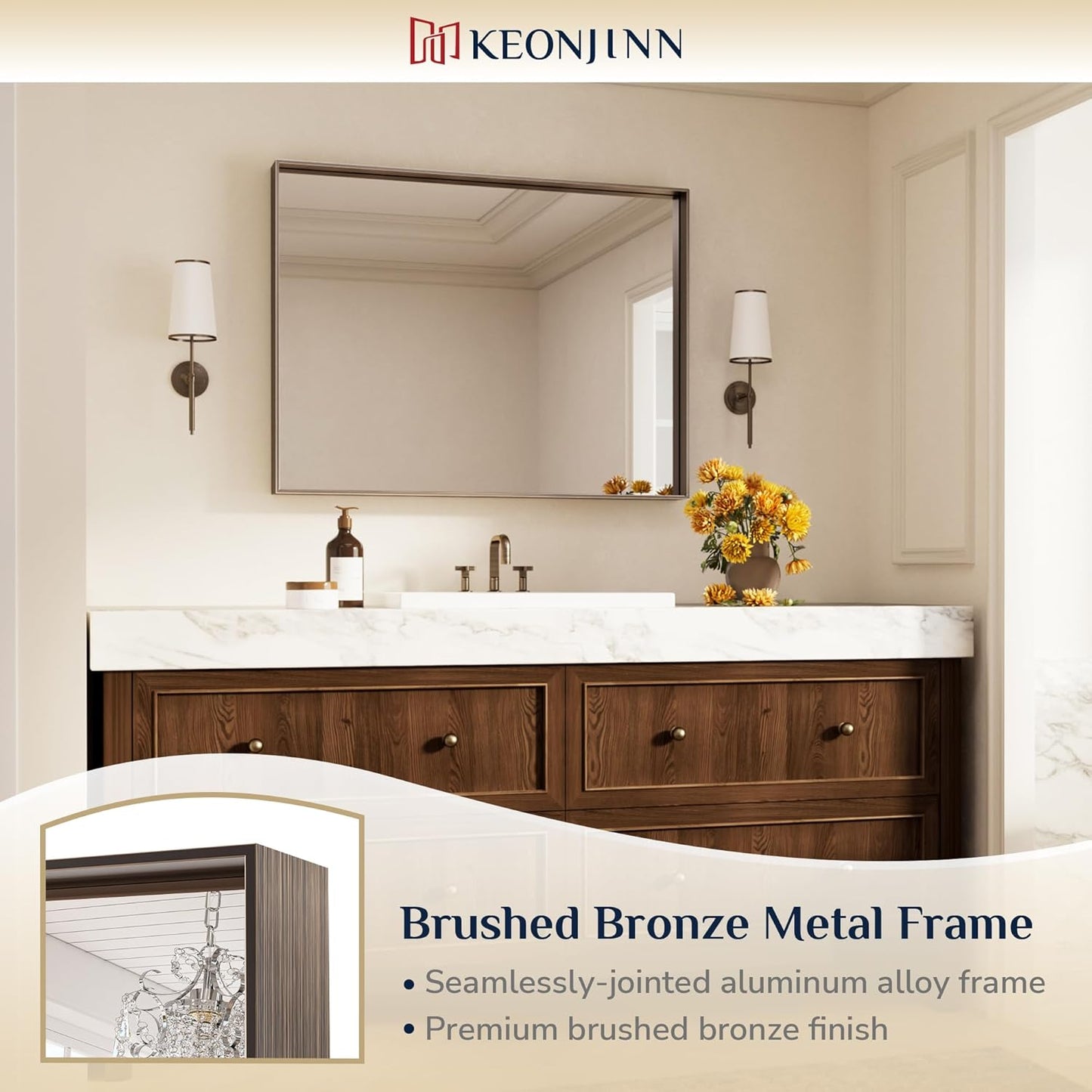 Keonjinn 40 x 30 Inch Brushed Bronze Mirror for Bathroom Rectangular Wall Mount Vanity Mirror Metal Frame Farmhouse Bronze Mirrors Large Decorative Square Corner Rectangle Mirrors(Horizontal/Vertical)