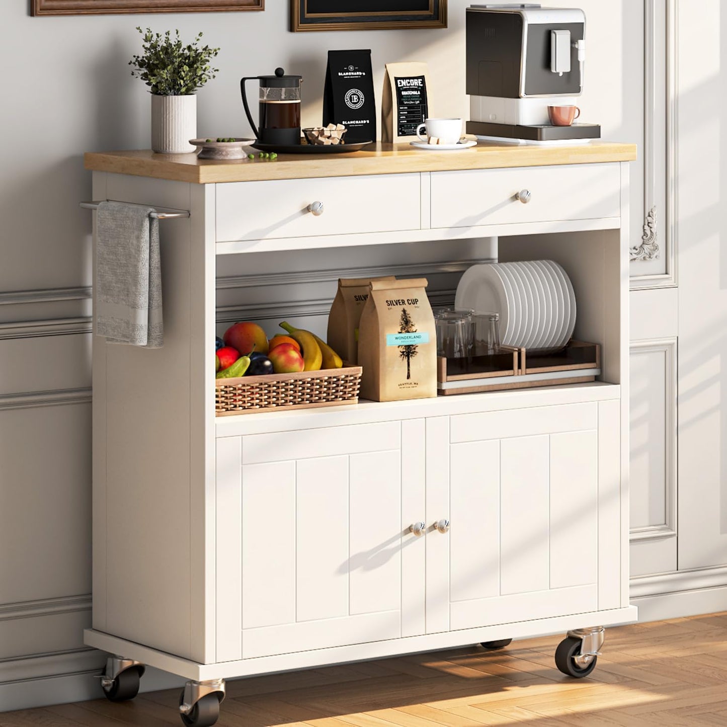 Rolling Kitchen Island with Storage Cabinet, 35.4'' Width Kitchen Cart, 2 Drawers Island Table, Portable Mobile Kitchen Island with Towel Rack, Wood Top and Lockable Wheels, White