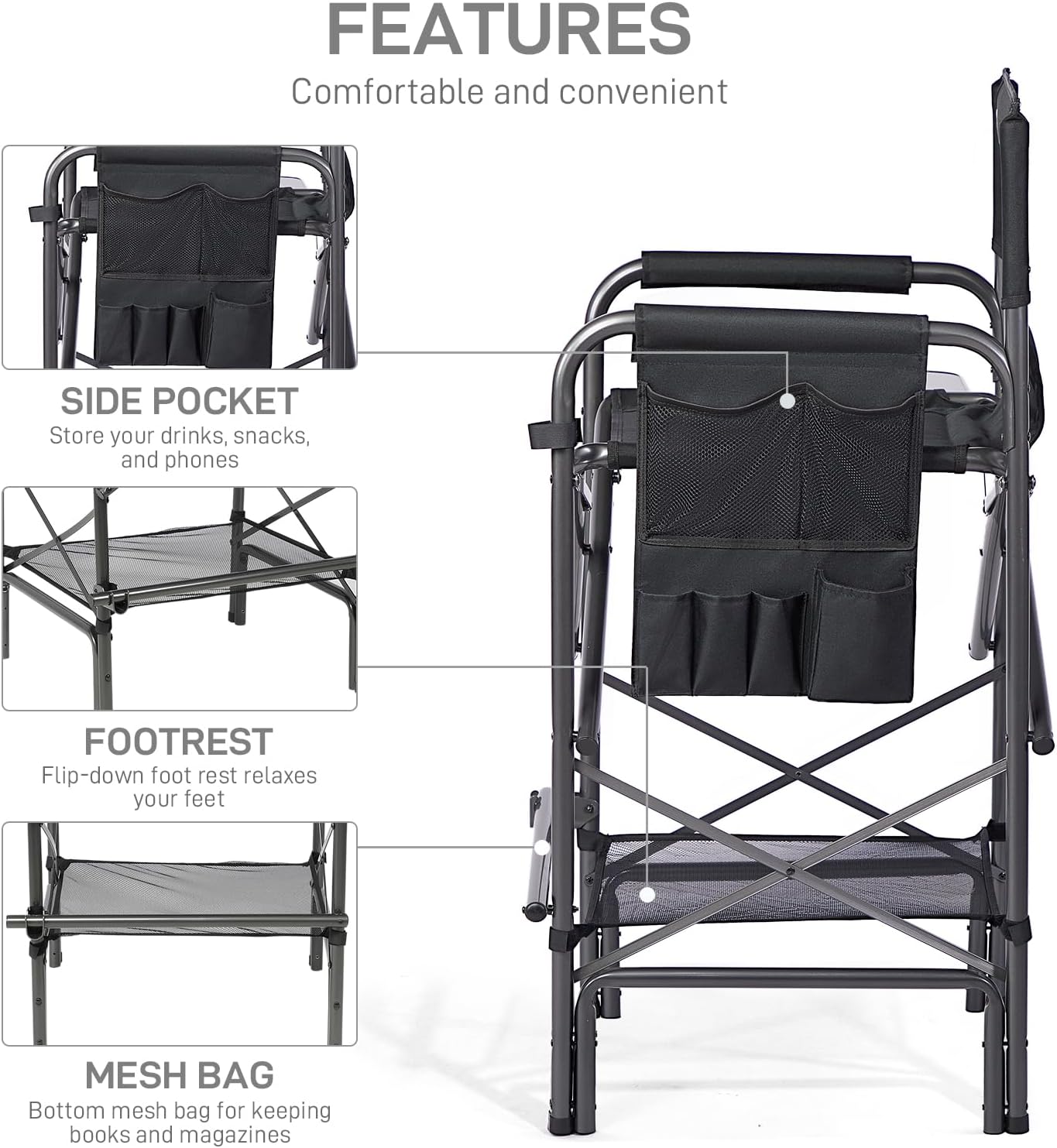 EVER ADVANCED 30.7" Seat Height Directors Chair for Makeup Artist with Side Table Easy Get in Out for Elderly Tall Camping Chair Supports 350lbs Black