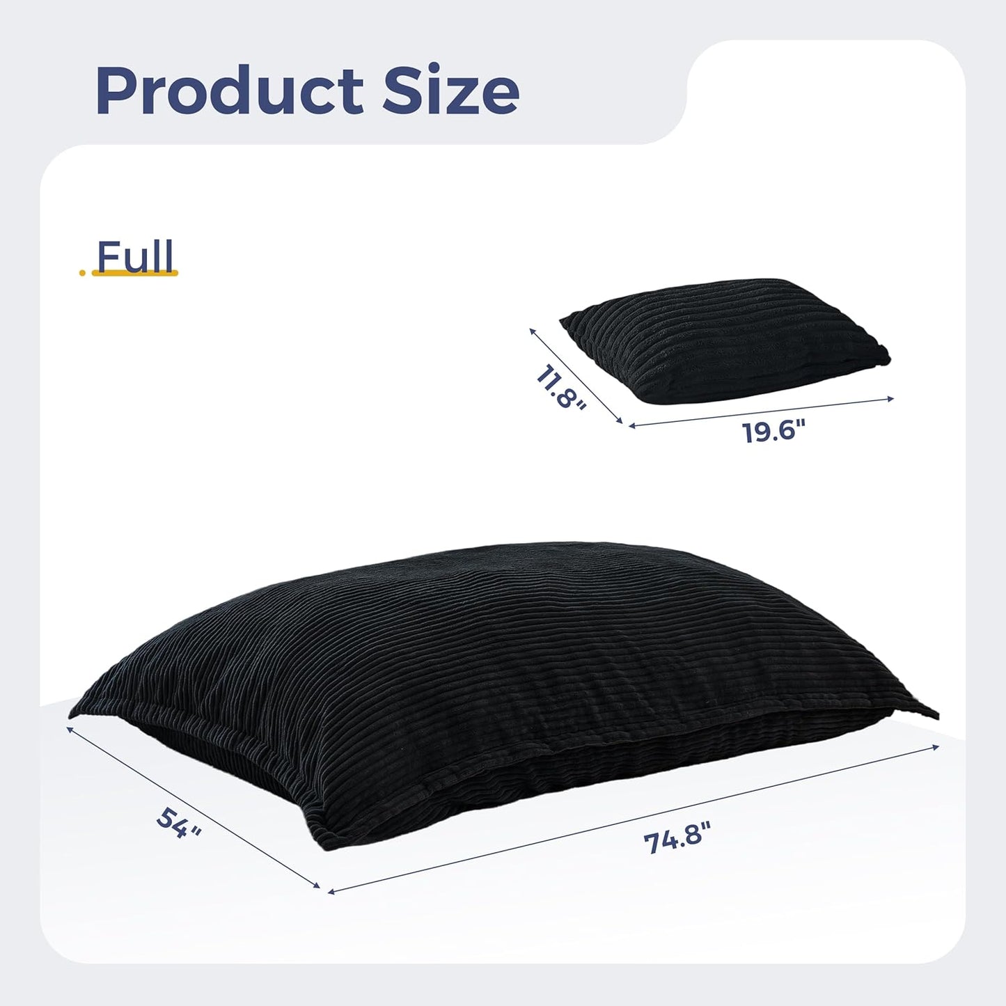 MAXYOYO Giant Bean Bag Chair with Pillow, 3 in 1 Convertible Bean Bag Chair for Adults with Washable Cover, Removable Floor Cushion Stuffed Floor Lounger for Living Room Bedroom, Black, Full