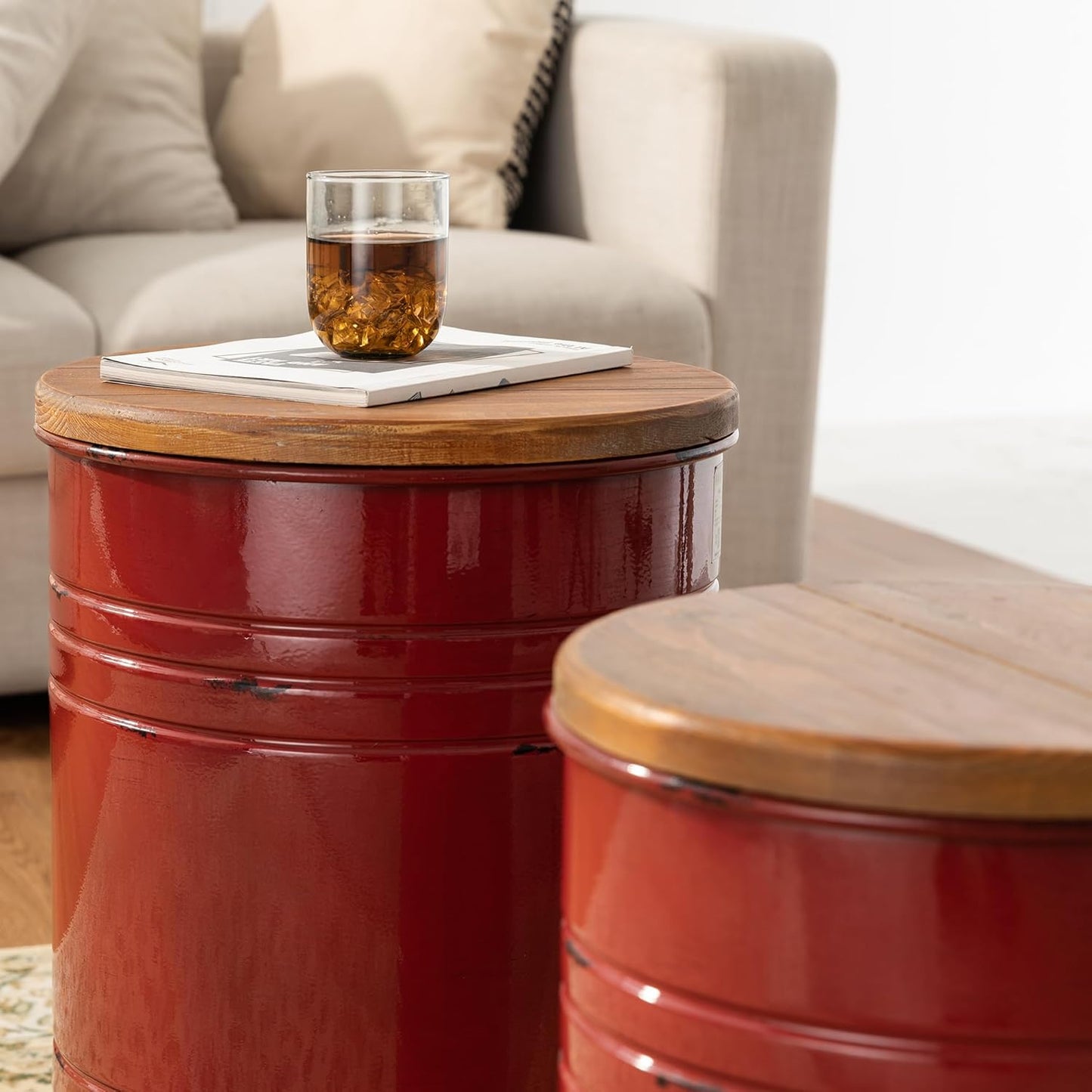 Glitzhome Farmhouse Accent Side Table, Metal Storage Stool Ottoman with Round Lid - Galvanized Coffee Cocktail End Tables Set of 2 for Living Room Bedroom, Red