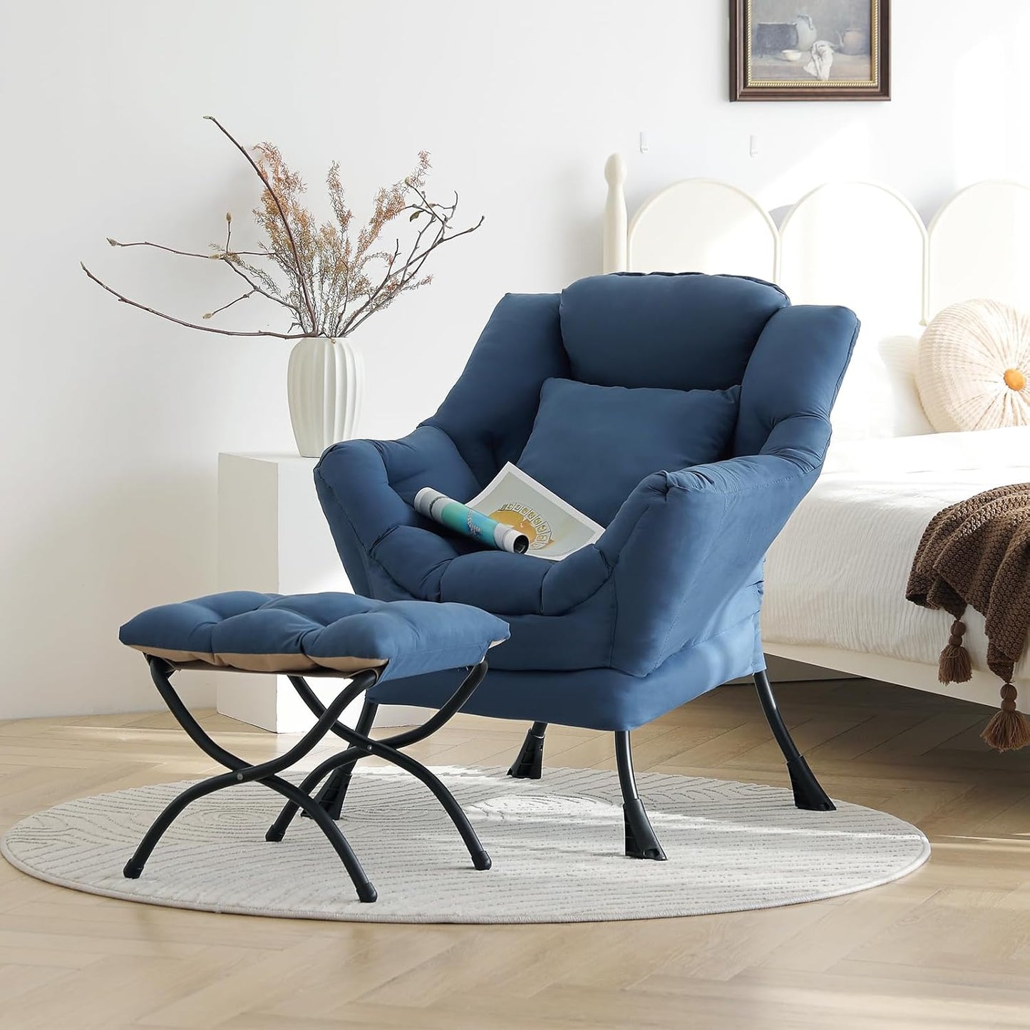 Lazy Chair with Ottoman, Reading Chair with a Pillow, Leisure Sofa Armchair with Ottoman, Large Accent Lounge Chair for Bedroom, Living Room, Dorm Room, Peach Royal Blue