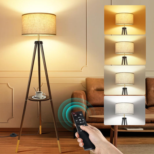 OUTON Wood Tripod Floor Lamp with Shelves, Mid Century Floor Lamp with Remote Control, 4 Color Temperature, LED Modern Dimmable Standing Lamp for Living Room, Bedroom, Office, Black & Gold