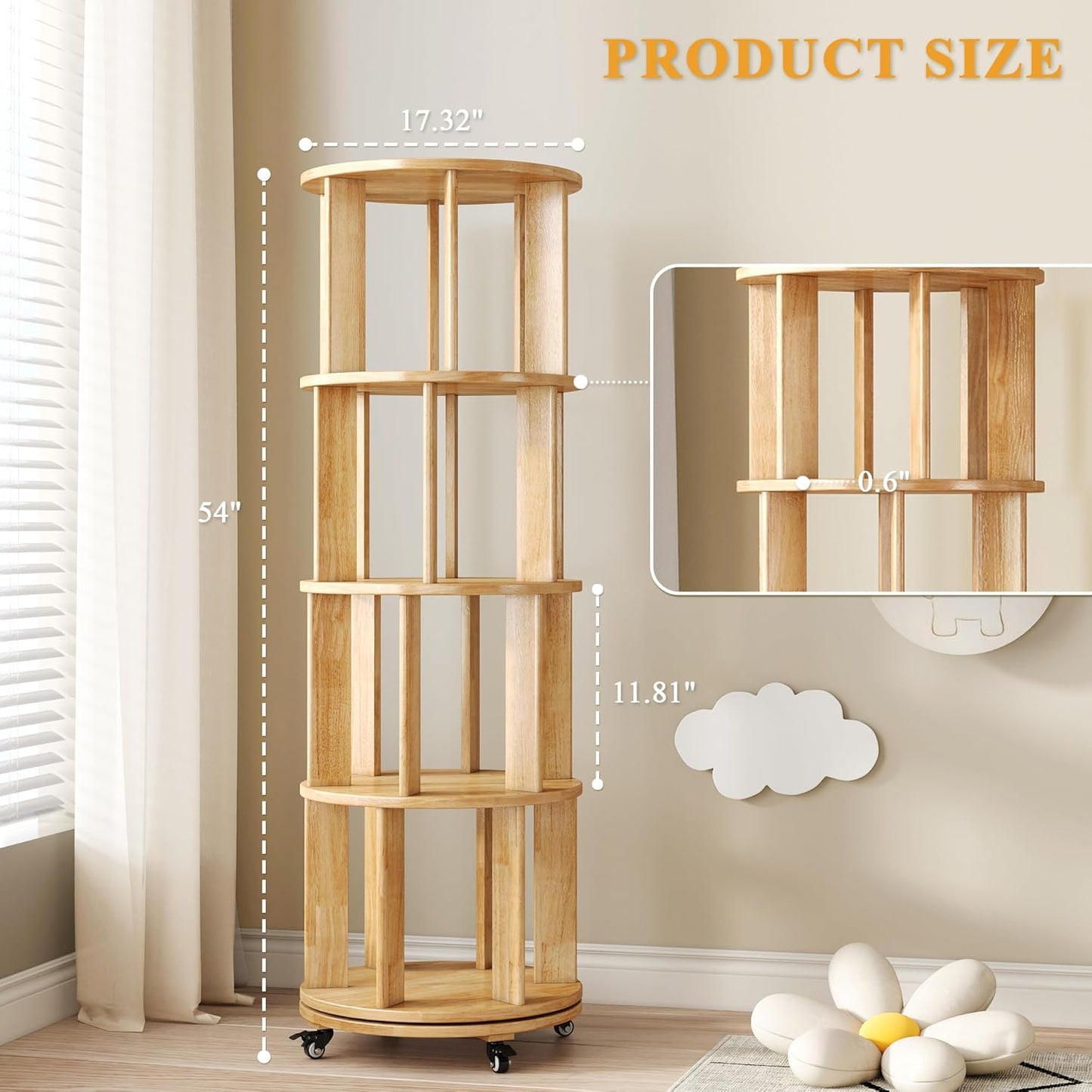 4 Tier Rotating Bookshelf Tower, 360 Spinning Bookcase Carousel with Lockable Wheels, Round Lazy Susan Organizer for Corner Bookshelf, Solid Wood Revolving Bookcase for Kids Room, Bedroom, Living Room