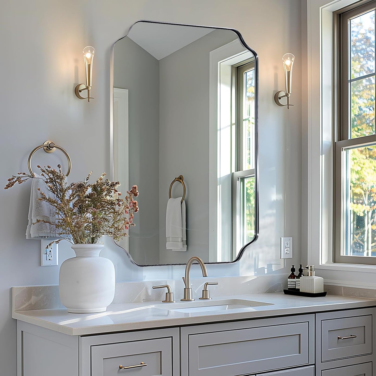 ANDY STAR Chrome Scalloped Mirror, 26x38 Inch Polished Chrome Rectangle Mirror, Unique Bathroom Mirror with Scalloped Edge Design, Rust-Proof Stainless Steel 1’’ Frame, Home Decor