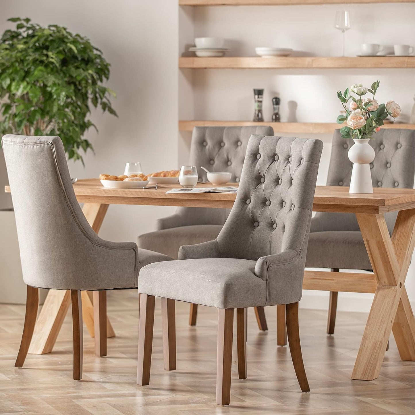 COLAMY Wingback Upholstered Dining Chairs Set of 2, Fabric Side Dining Room Chairs with Tufted Button, Living Room Chairs for Home Kitchen- Light Grey