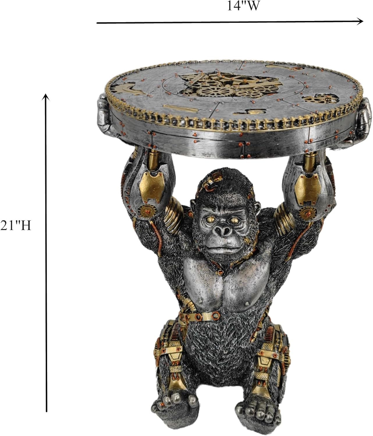 Steampunk Gorilla Side Table Pedestal End Table Stool Resin Cyborg Monkey Sci-fi Statue Sculpture Hand Painted Collectible Figurine with Cool Gear for Home Man Cave Decor Silver