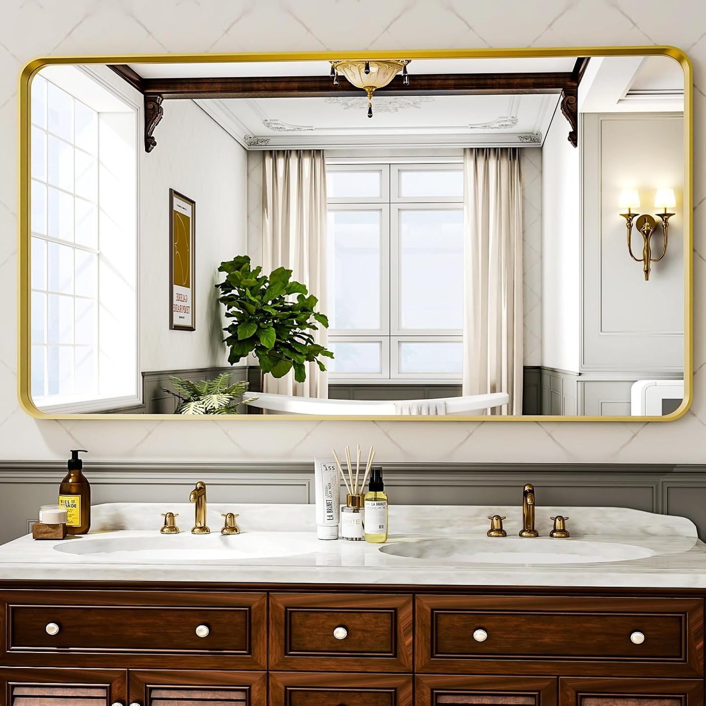 55"x 30" Gold Bathroom Mirror - Aluminum Framed Wall Mirror, Bathroom Wall Mounted Vanity Mirror, Bedroom, Living Room Wall Mirror, Hang Horizontally or Vertically