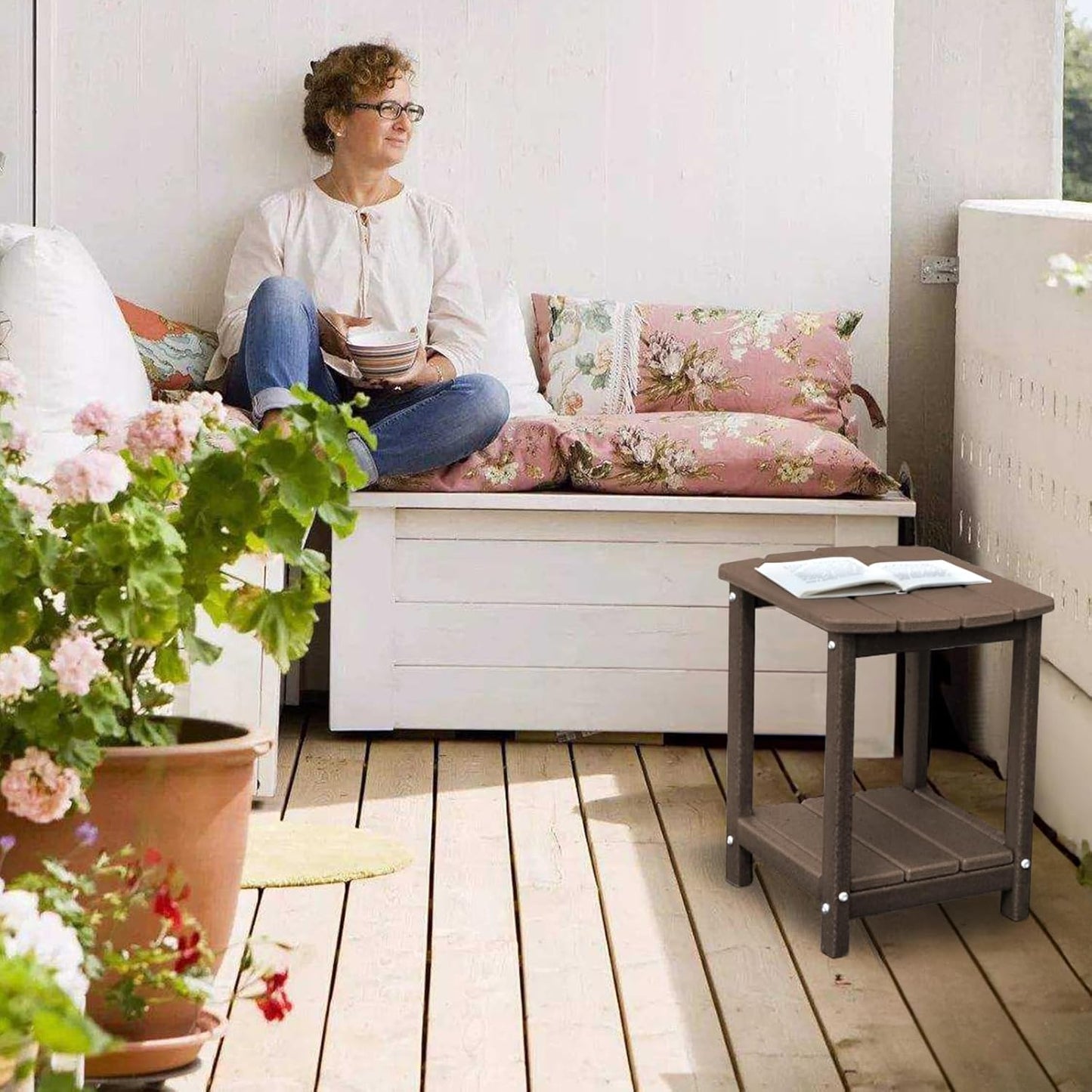 Adirondack Square Outdoor Side Table,2-Tier Storage Patio Side Table, HDPE End Tables for Backyard Pool Porch Garden Lawna Cafe