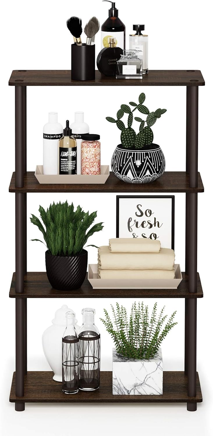 Furinno Turn-N-Tube 4-Tier Multipurpose Shelf Display Rack, Round Tubes, Walnut/Brown