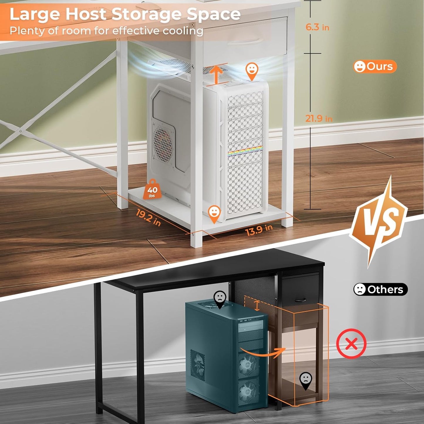Computer Desk with Adjustable Monitor Stand, 47.2 in Small Desk with Reversible Storage Shelves, Office Desk with Spacious Desktop Spaces for Home Bedroom Workstation, White
