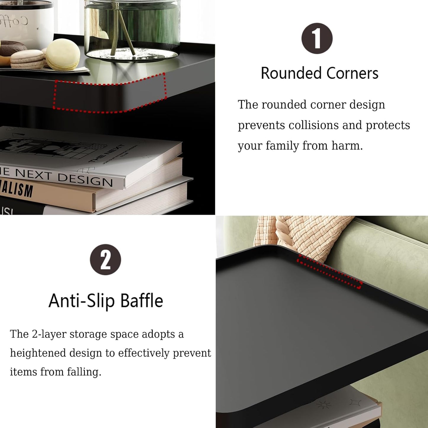 Black Modern Side Table, 2 Tier Small End Tables Bedroom, Metal Side Tables Living Room with 4 Legs, Black Nightstand Square Accent Table for Indoor Outdoor, Easy Assembly