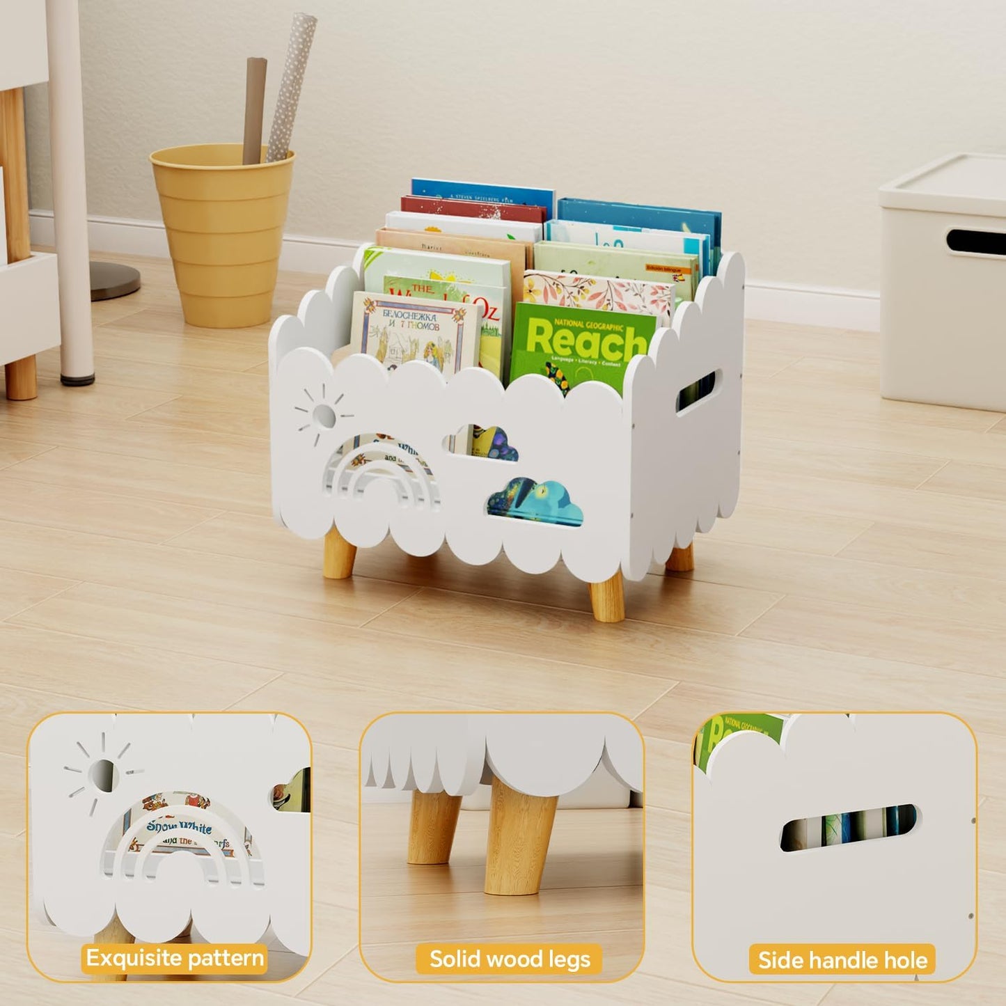 Wood Kids Bookshelf, Montessori Bookshelf, With 2 Adjustable Dividers, Suitable Kids Rooms, Nursery & Classroom, Kids Bookshelf And Toy Storage, Toddler Book Rack, Nursery Book Shelves, Kids Bookcase