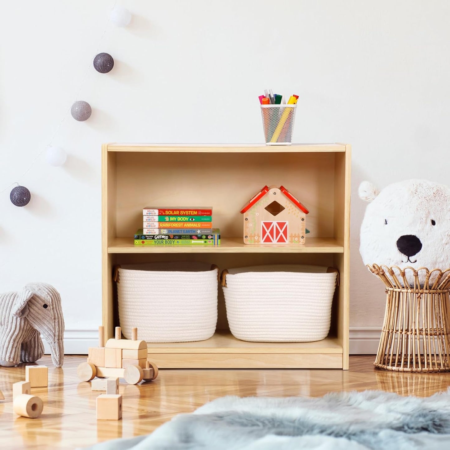 OOOK Montessori Toy Shelf, Kids Bookshelf and Toy Storage, Small Bookshelf for Kids, 2-Tier Wooden Storage Shelves for Classroom, Kindergarten, Kids Room, Playroom, Daycare Center and More