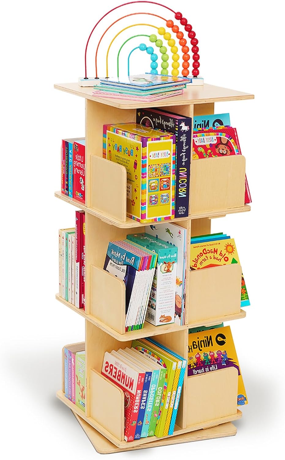 Monläurd® 100% Birch Rotating Bookshelf for Kids, 360° Spinning Montessori Bookcase, Space-Saving Wooden Storage for Nursery, Playroom & Classroom