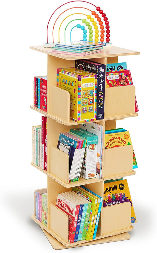Monläurd® 100% Birch Rotating Bookshelf for Kids, 360° Spinning Montessori Bookcase, Space-Saving Wooden Storage for Nursery, Playroom & Classroom