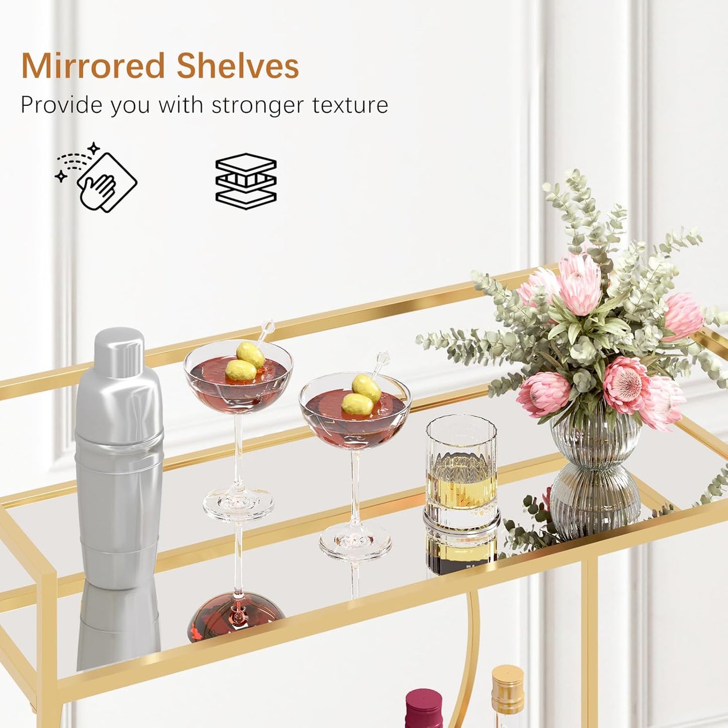 RiteSune Gold Bar Cart, Modern Wine Cart with Wheels, Home Bar Serving Carts with 2 Tier Mirrored Shelves, Wine Bar Carts for The Home, Dining Room, Kitchen