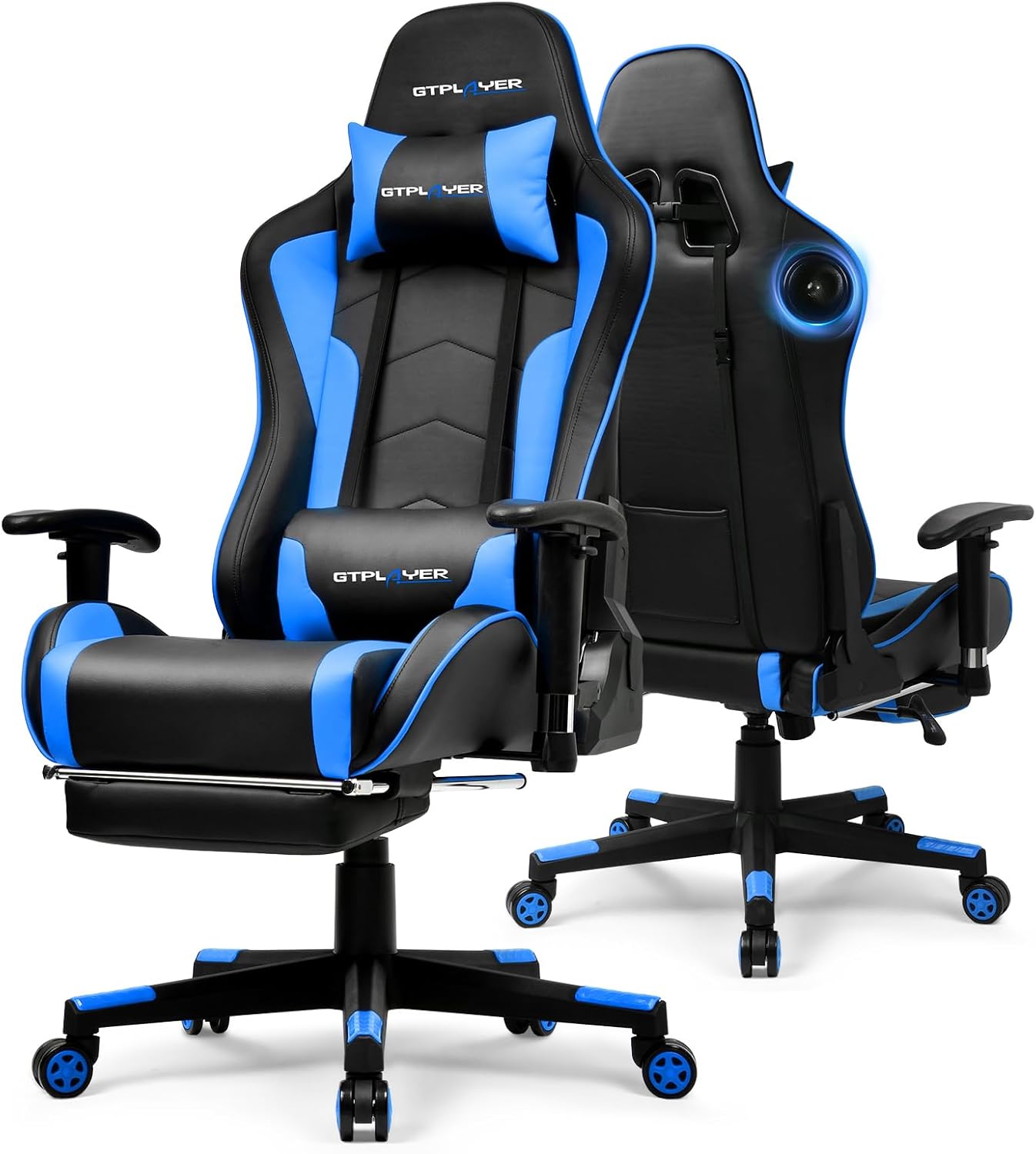 GTPLAYER Gaming Chair with Bluetooth Speakers and Footrest, Ergonomic Gamer Chair with Reclining Backrest, 3D Armrests, Adjustable Seat Height, Computer Desk Chair for Adults (Blue)