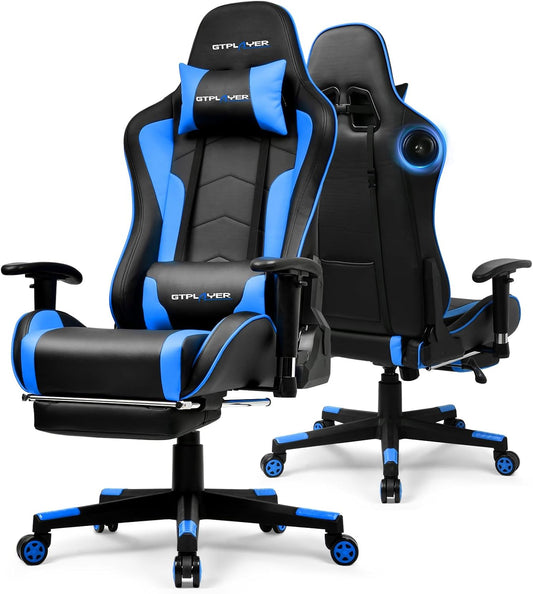 GTPLAYER Gaming Chair with Bluetooth Speakers and Footrest, Ergonomic Gamer Chair with Reclining Backrest, 3D Armrests, Adjustable Seat Height, Computer Desk Chair for Adults (Blue)