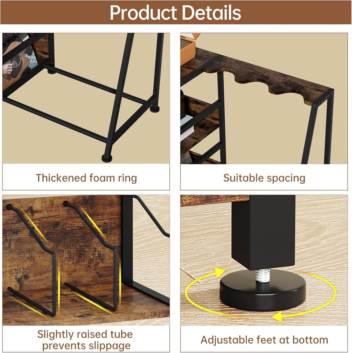 Hosfais 3 Tier Record Player Stand, Guitar Stand for Acoustic, Electric Guitar, Bass Stand, Vinyl Record Storage Up to 200 Albums for Living Room Bedroom, Rustic Brown