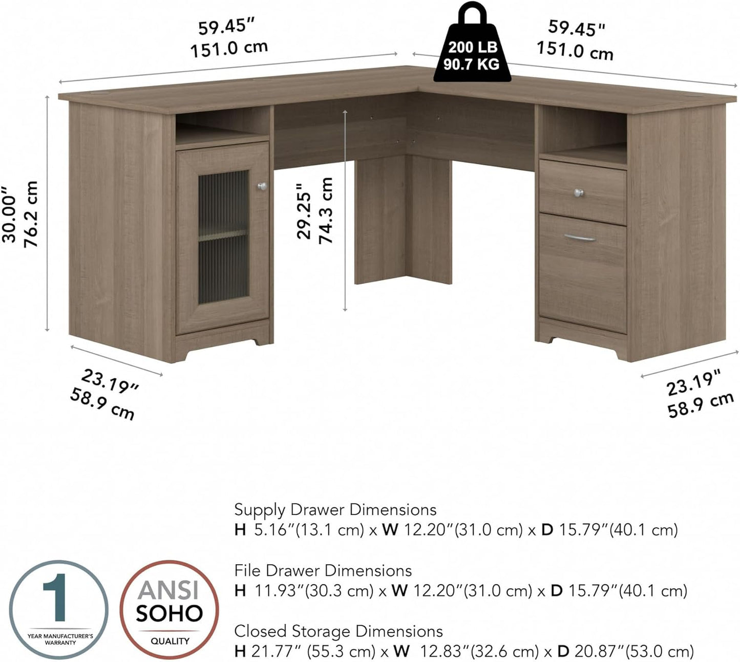 Bush Furniture Cabot L Shaped Computer Desk in Ash Gray | Corner Table with Drawers for Home Office
