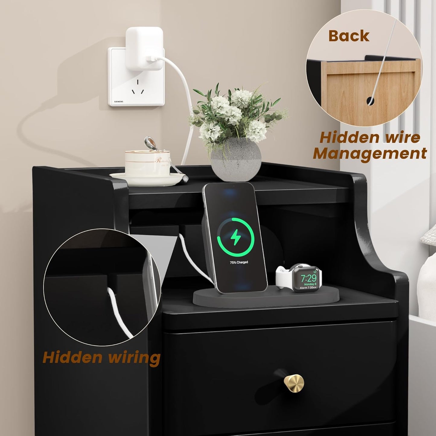 Narrow Nightstand, Solid Wood Night Stand with 2 Drawers, White Mid Century Modern Nightstand, Small Beside Table with Open Storage Shelf for Bedroom（12 inch