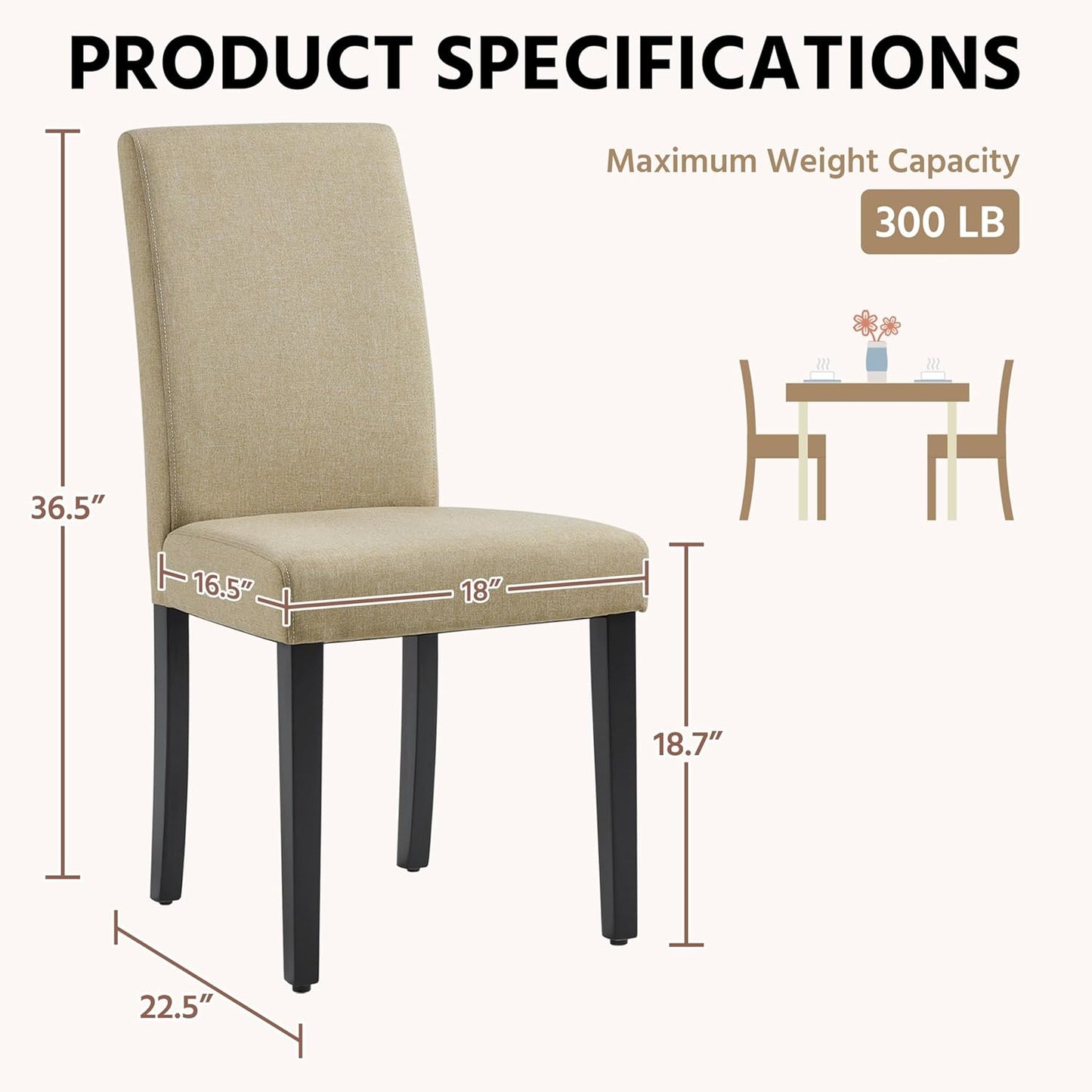 Yaheetech Dining Chairs Set of 2 Fabric Upholstered Parson Kitchen Chairs with Padded Seat and Solid Wood Legs for Dining Room/Restaurant, Khaki