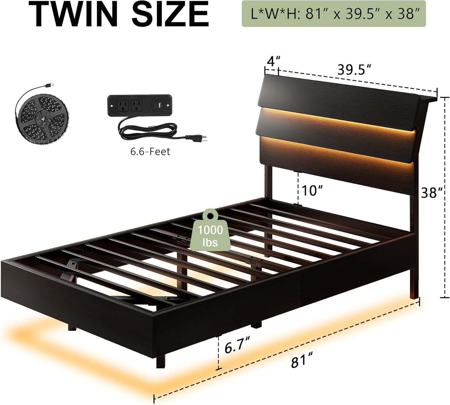 Feonase Twin Floating Bed Frame with Led Lights and Charging Station, Wood Twin Size Bed Frame with Storage Headboard, Heavy Duty Metal Slats, No Box Spring Needed, Easy Assembly, Black