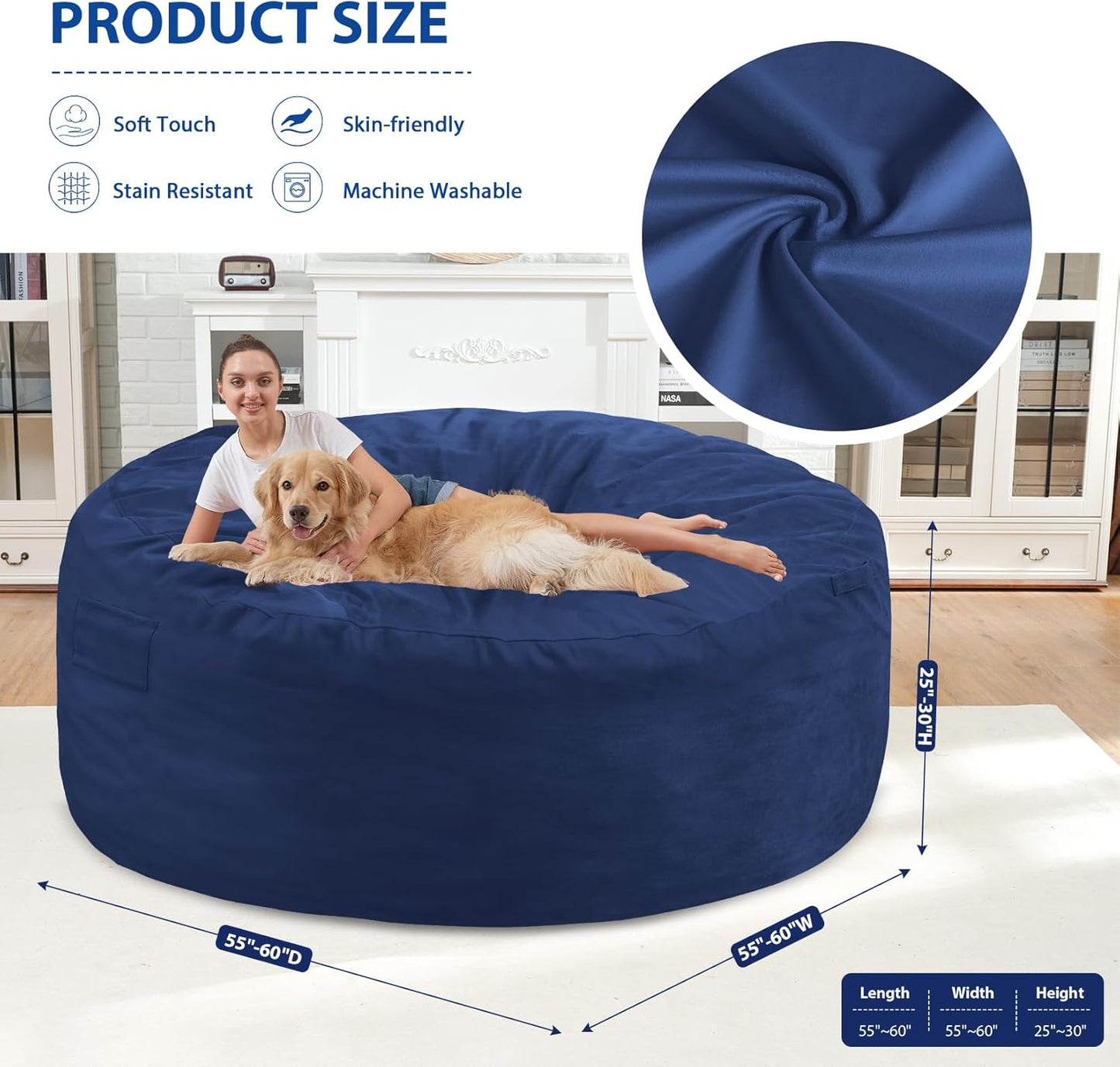 6FT Bean Bag Chair, Large Bean Bag Chairs with Memory Foam Filled, Fluffy Beanbag Sofa with Dutch Velvet Cover, Round BeanBag Chairs for Living Room, Playroom - Blue