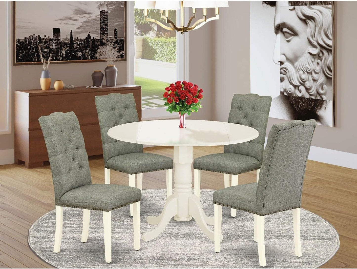 East West Furniture DLEL5-WHI-07 5 Piece Dining Room Table Set Includes a Round Dining Table with Dropleaf and 4 Gray Linen Fabric Upholstered Parson Chairs, 42x42 Inch, Linen White