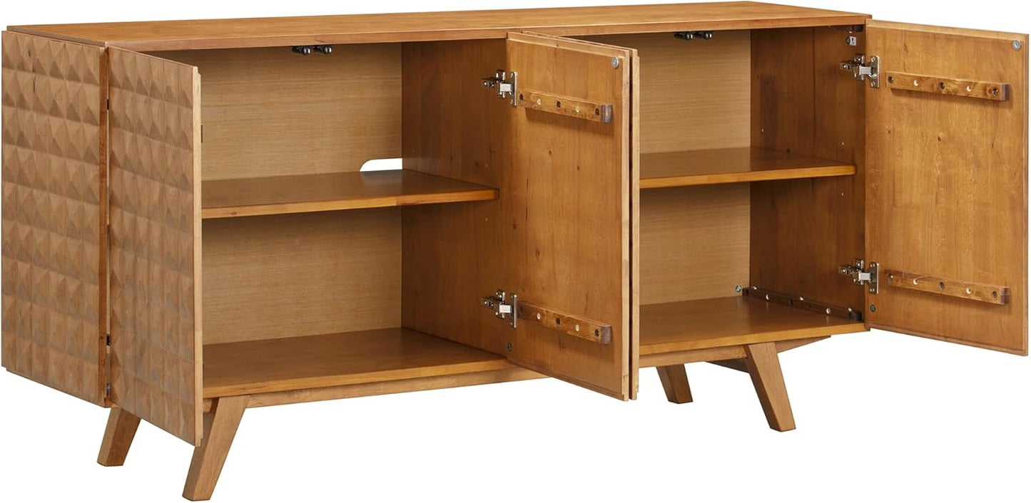 NTC Sapa Mid-Century Modern Solid Wood Sideboard – 4-Door Accent Buffet Cabinet with Carved Geometric Fronts, for Living Room, Dining Room, or Entryway, Effortless Assembly, Teak Look